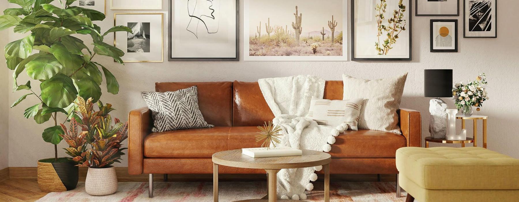 a living room with a couch and a table