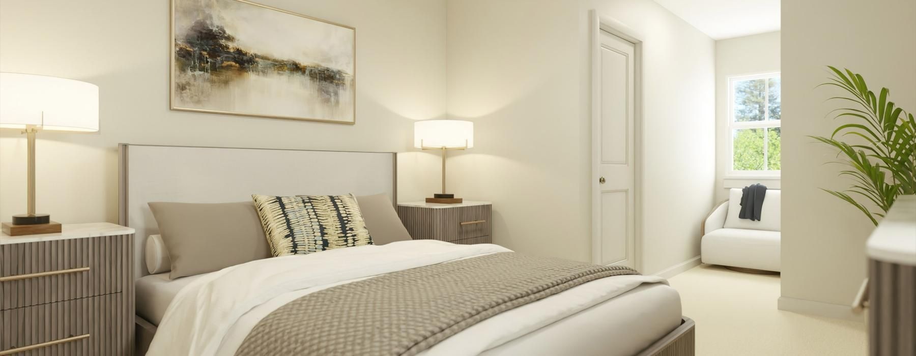 a bedroom with a bed and lamps